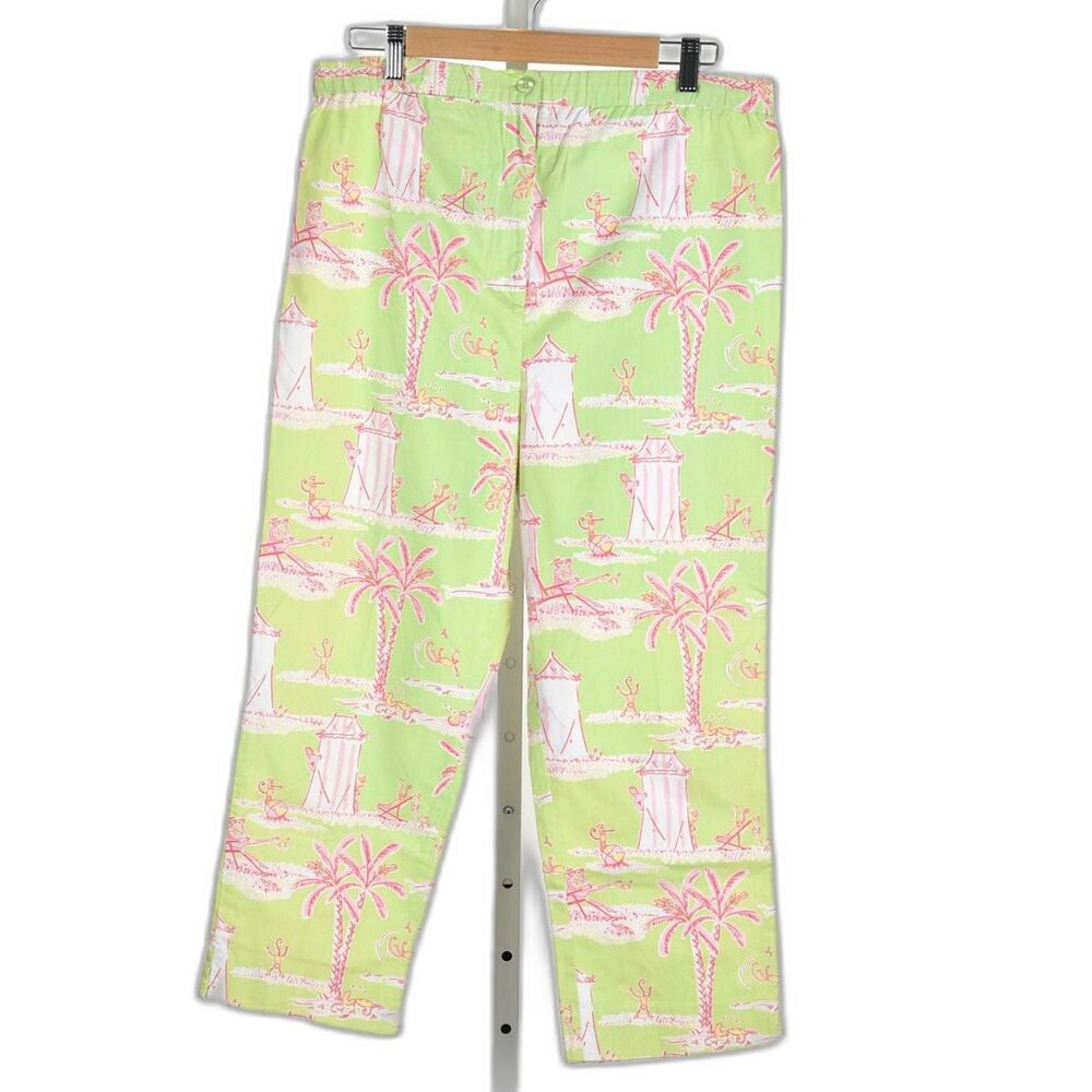 VTG Lilly Pulitzer Cabana Banana Green/Pink Cropped Elastic Waist Pant Size M